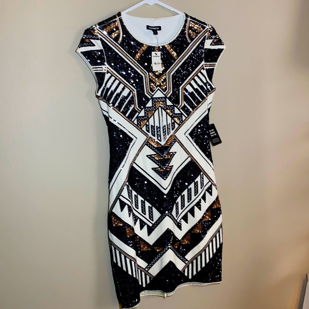 Express Bodycon Black Gold Sequin Dress Small NWT